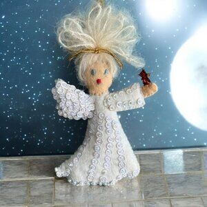 Handmade Angel Felt Ornament With White Sequins & Star Wand Blonde Hair Pom Pom